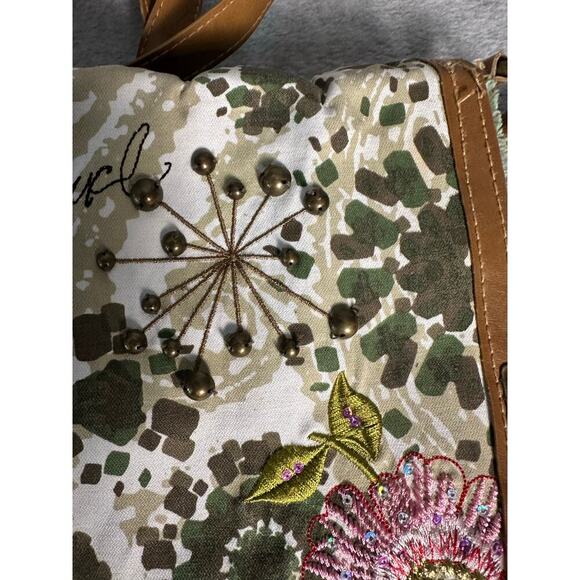 Desigual Canvas Crossbody‎ Bag Floral Embellished Brown Leather Strap Trim Spain - Picture 14 of 16